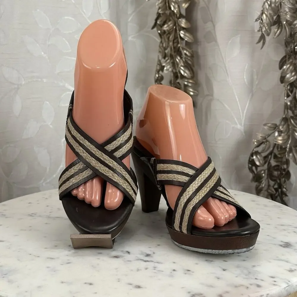 Cole Haan Brown Leather Raffia Woven Straps Wooden Platform Block‎ Heel Sandals
